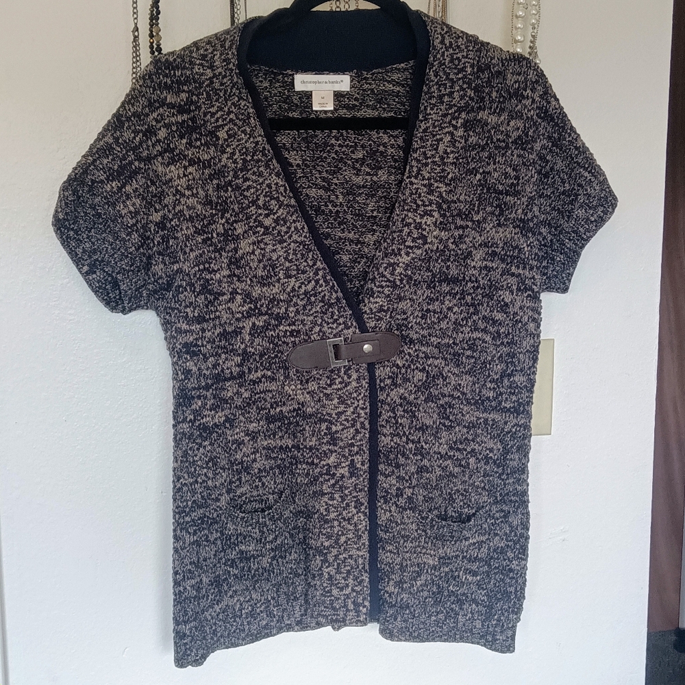 Soft Castlecore Cardigan With Leather And Metal Closure, Navy and Tan, Medium.